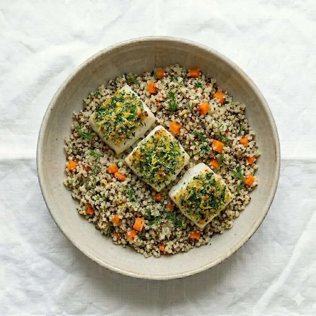 Herb-Crusted Baked Fish With Lemon Quinoa Pilaf